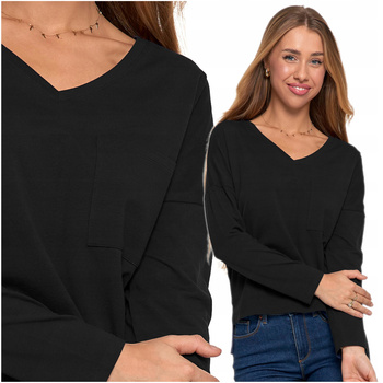 Bluzka Damska T-Shirt na Długi Rękaw Gładka z Kieszenią Bawełniana MORAJ