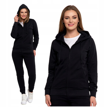BLUZA DAMSKA Gładka Rozpinana Dresowa z Kapturem Czarna Klasyczna MORAJ