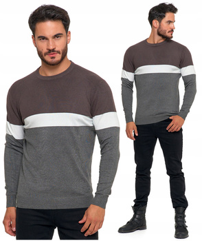 Sweter Męski Elegancki w Paski Okrągły Dekolt Klasyczny Wiskoza MORAJ