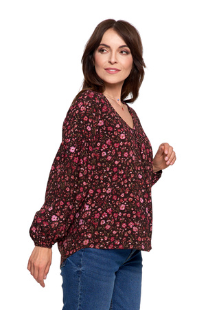 KOSZULA DAMSKA ELEGANCKA BLUZKA W KWIATY BUFIASTE RĘKAWY MODNA MORAJ