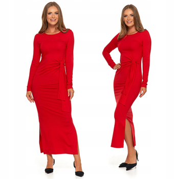 Elegancka SUKIENKA DAMSKA Czerwona Midi Klasyczna z Rozcięciem MORAJ