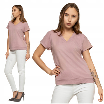 Bluzka Damska Luźna Koszulka Gładka T-Shirt Dekolt V Krótki Rękaw MORAJ