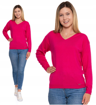 Sweter Damski Różowy Luźny Dekolt w Serek Stylowy Modny Elegancki MORAJ
