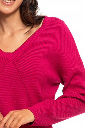 Elegancki SWETER Damski Dekolt V Fuksja Klasyczny Modny Wygodny MORAJ 