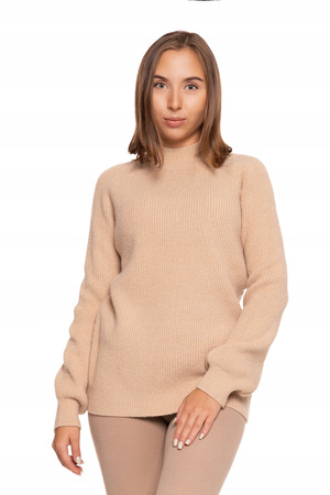 Beżowy SWETER DAMSKI Luźny Miękka Dzianina Modny Kobiecy Pół Golf MORAJ 