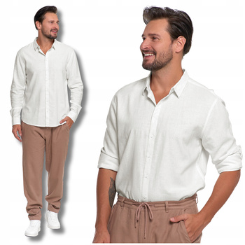 Biała KOSZULA MĘSKA Lniana Elegancka Klasyczna Długi Rękaw Lekka MORAJ