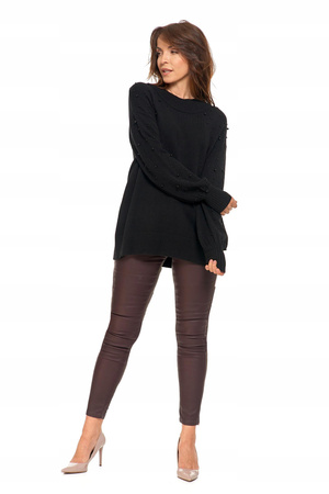 SWETER DAMSKI z Ozdobnymi Perełkami Szerokie Rękawy Czarny Stylowy MORAJ 