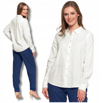 Biała Koszula Damska Lniana Rozpinana z Długim Rękawem Gładka MORAJ