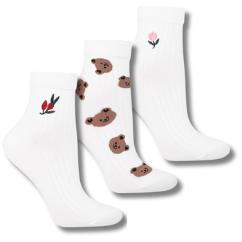 PRĄŻKOWANE SKARPETY DAMSKIE SKARPETKI MORAJ 3-PAK Z HAFTEM KWIATÓW