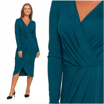 SUKIENKA ELEGANCKA DAMSKA Midi Kopertowy Dekolt Zielona Dopasowana MORAJ