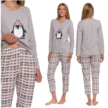PIŻAMA DAMSKA DWUCZĘŚCIOWA Z PINGWINEM UROCZA WYGODNA DŁUGA MORAJ