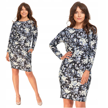 Ołówkowa Sukienka Damska Kolorowa w Kwiaty Luźna Góra Elegancka MORAJ