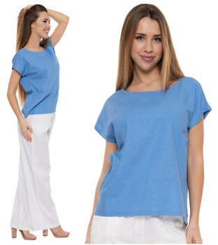 LUŹNA BLUZKA Damska Lniana Modna Koszulka T-Shirt Przewiewna MORAJ