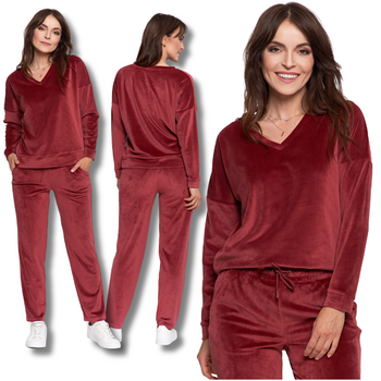 WELUROWY DRES BLUZA DAMSKA GŁADKA DEKOLT V SPODNIE Z PROSTĄ NOGAWKĄ MORAJ