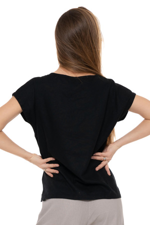 LUŹNA BLUZKA Damska Lniana Czarna Koszulka T-Shirt Przewiewna MORAJ 