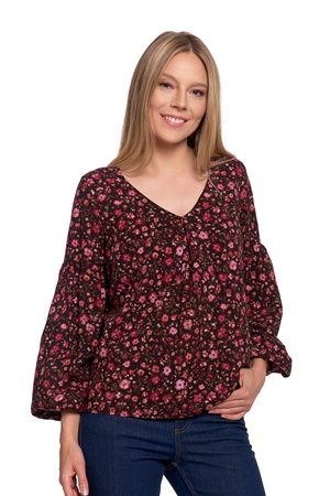 KOSZULA DAMSKA ELEGANCKA BLUZKA W KWIATY BUFIASTE RĘKAWY MODNA MORAJ