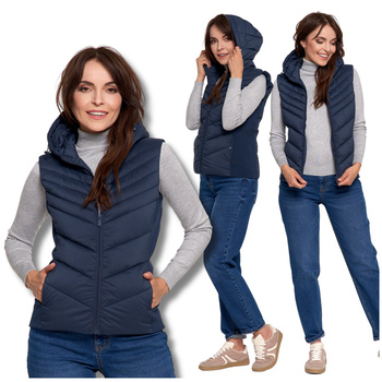 KAMIZELKA DAMSKA KRÓTKA PIKOWANA Z KAPTUREM BEZRĘKAWNIK NA JESIEŃ MORAJ