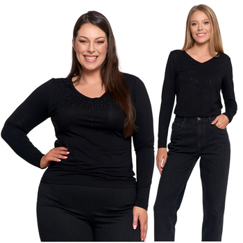 ELEGANCKA BLUZKA DAMSKA Z KRYSZTAŁKAMI MODNA CZARNA KOSZULKA MORAJ