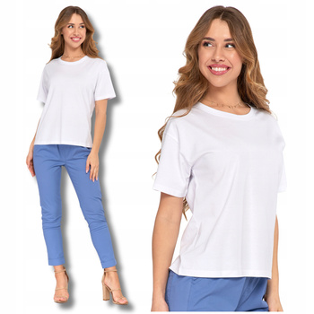 T-SHIRT DAMSKI Gładka Koszulka z Krótkim Rękawem Luźna Biała Bluzka MORAJ 