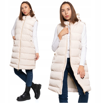 Długa KAMIZELKA DAMSKA Do Kolan Pikowana z Kapturem Bezrękawnik MORAJ 