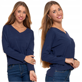 T-Shirt na Długi Rękaw Bluzka Damska Gładka z Kieszenią Bawełniana MORAJ 