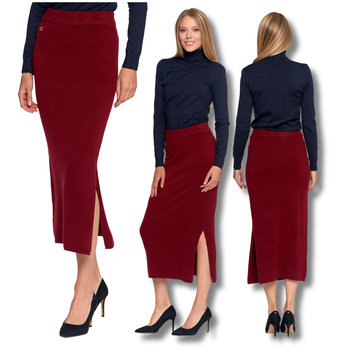 OŁÓWKOWA SPÓDNICA DAMSKA MIDI Z ROZCIĘCIEM PRĄŻKOWANA DRESOWA MORAJ