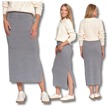 OŁÓWKOWA SPÓDNICA DAMSKA MIDI Z ROZCIĘCIEM PRĄŻKOWANA MORAJ