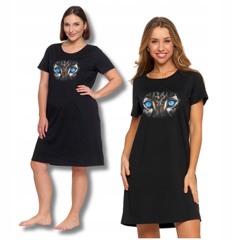 Koszula Nocna Damska Piżama z Panterą Krótki Rękaw Czarna MORAJ