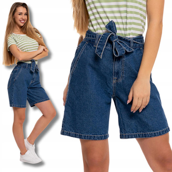 Szorty Damskie MORAJ Krótkie Spodenki Jeansowe z Paskiem Wysoki Stan 