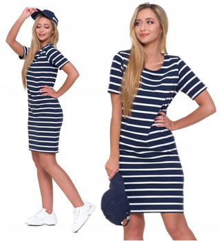 SUKIENKA DAMSKA TUBA Na Krótki Rękaw w Paski Bawełniana Do Kolan MORAJ 