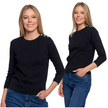 BLUZKA DAMSKA Z MODNYMI GUZIKAMI RĘKAW 3/4 GŁADKA CZARNA MORAJ