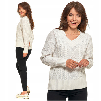 SWETER DAMSKI Z WARKOCZOWYM SPLOTEM MODNY DEKOLT W SEREK MORAJ 