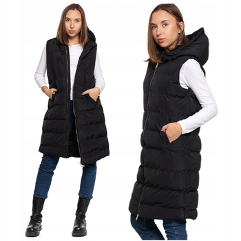 Długa KAMIZELKA DAMSKA Do Kolan Pikowana z Kapturem Bezrękawnik MORAJ