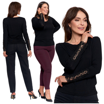 ELEGANCKA BLUZKA DAMSKA CZARNA KORONKOWY DŁUGI RĘKAW MODNA MORAJ
