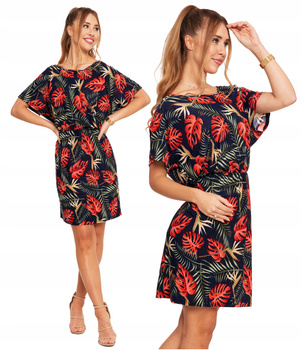 Krótka Sukienka Damska Rozkloszowana Zwiewna Kolorowa Wzorzysta MORAJ 