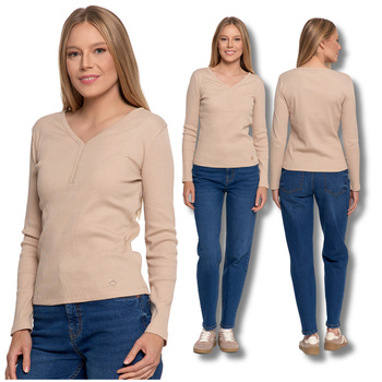 PRĄŻKOWANA BLUZKA DAMSKA Z DŁUGIM RĘKAWEM DOPASOWANA KOSZULKA MORAJ