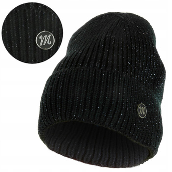 Czapka damska typu beanie Czarna Modna z Ozdobną Nicią Prążkowana MORAJ