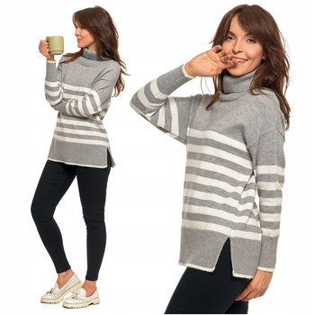 SWETER DAMSKI w Paski Golf Luźny Wygodny Beżowy Stylowy na Jesień MORAJ 