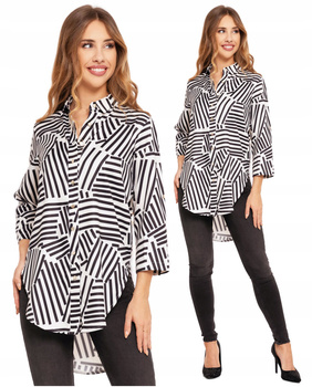 ELEGANCKA KOSZULA DAMSKA Długa Rękaw 3/4 Złote Guziki Modne Paski MORAJ 