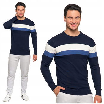 Sweter Męski Okrągły Dekolt Klasyczny Miękki z Wiskozy w Paski MORAJ 