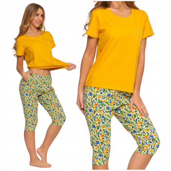 UROCZA PIŻAMA DAMSKA DWUCZĘŚCIOWA MORAJ KRÓTKI RĘKAW SPODNIE W KWIATY