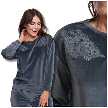 WELUROWA BLUZA DAMSKA MORAJ GŁADKA Z HAFTEM CIEPŁA KLASYCZNA WYGODNA