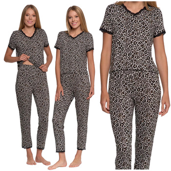 PIŻAMA DAMSKA W PANTERKĘ DWUCZĘŚCIOWA KRÓTKI RĘKAW DŁUGIE SPODNIE MORAJ