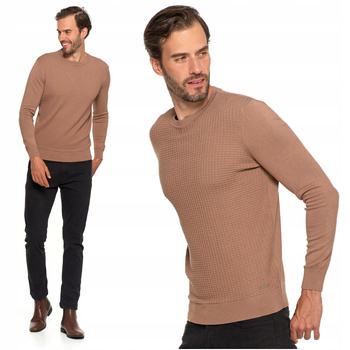 Elegancki SWETER MĘSKI Beżowy Klasyczny Okrągły Dekolt Modny MORAJ 