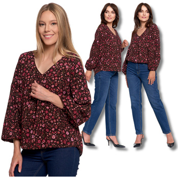 KOSZULA DAMSKA ELEGANCKA BLUZKA W KWIATY BUFIASTE RĘKAWY MODNA MORAJ