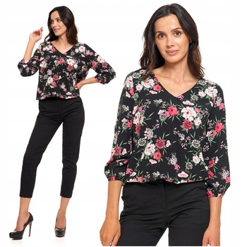 Bluzka Damska Elegancka w Kwiatki Modna Rękawy Ze Ściągaczem MORAJ 