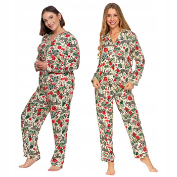 Elegancka PIŻAMA DAMSKA Wzorzysta Koszulowa Góra Długie Spodnie MORAJ 