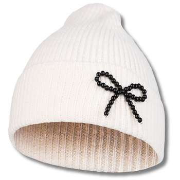 CZAPKA DAMSKA PRĄŻKOWANA MODNA ELEGANCKA Z KOKARDKĄ CIEPŁA NA ZIMĘ MORAJ