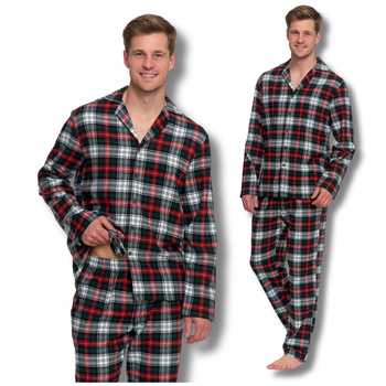 FLANELOWA PIŻAMA MĘSKA DWUCZĘŚCIOWA DŁUGI RĘKAW I SPODNIE W KRATĘ MORAJ