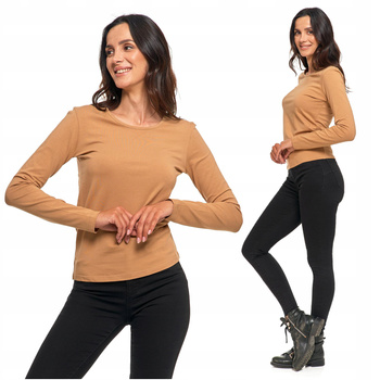 Bluzka Damska Długi Rękaw Gładka Beżowa Koszulka Podkoszulka MORAJ 